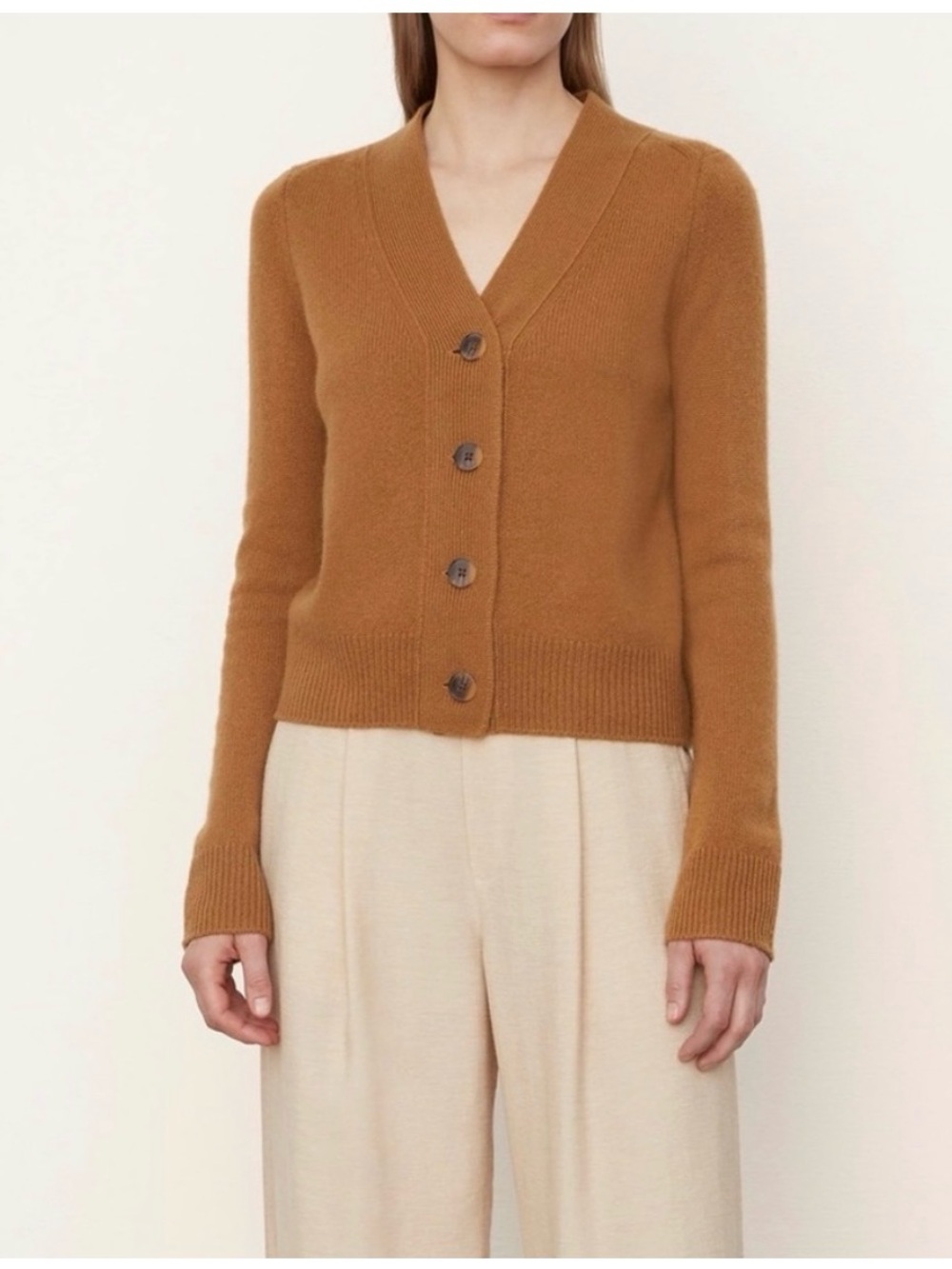 VINCE Cashmere Shrunken Button Cardigan in Honey